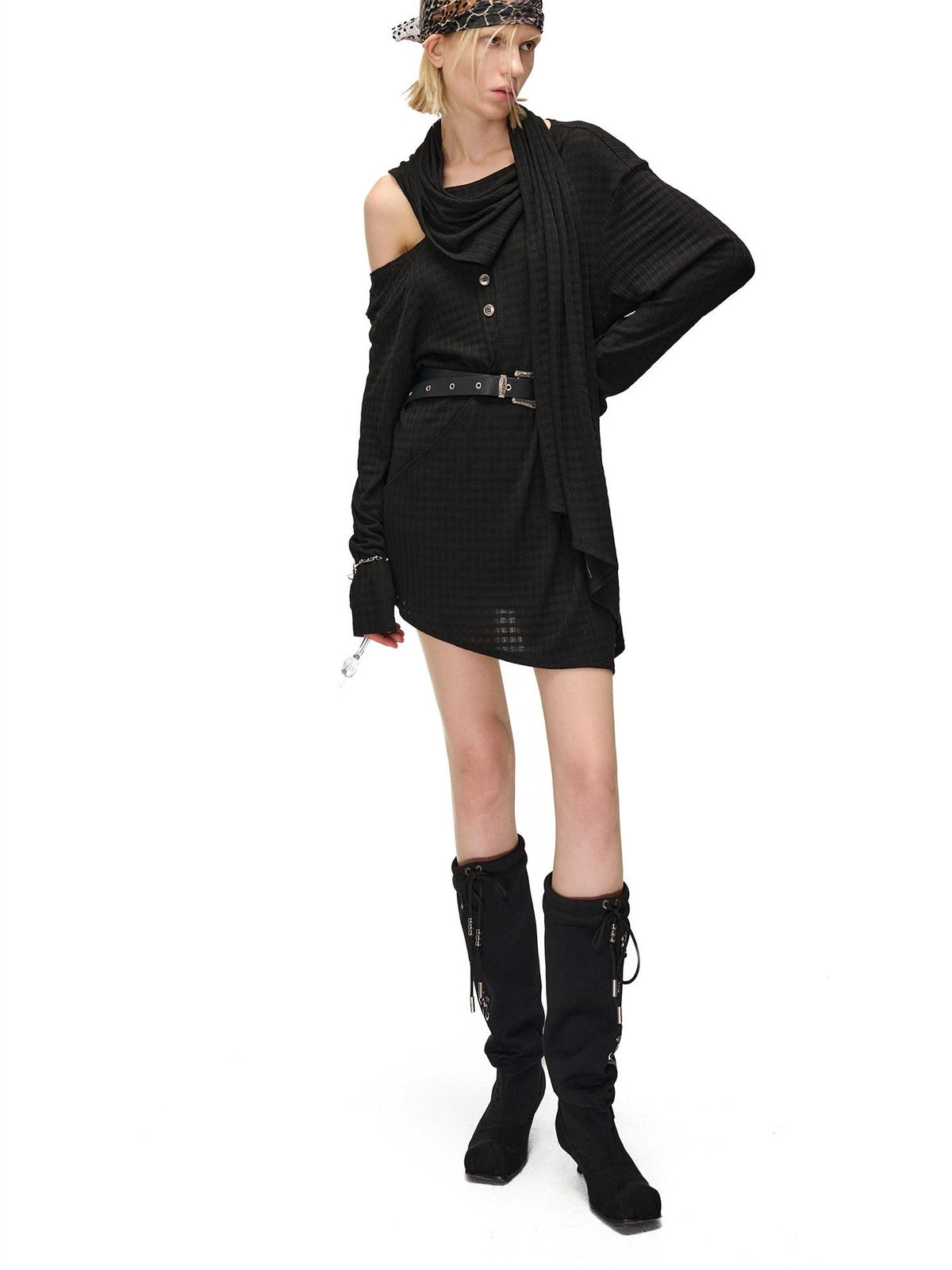 NORTH NODE Deconstructed Waffle Texture Asymmetric Long Sleeve Women&