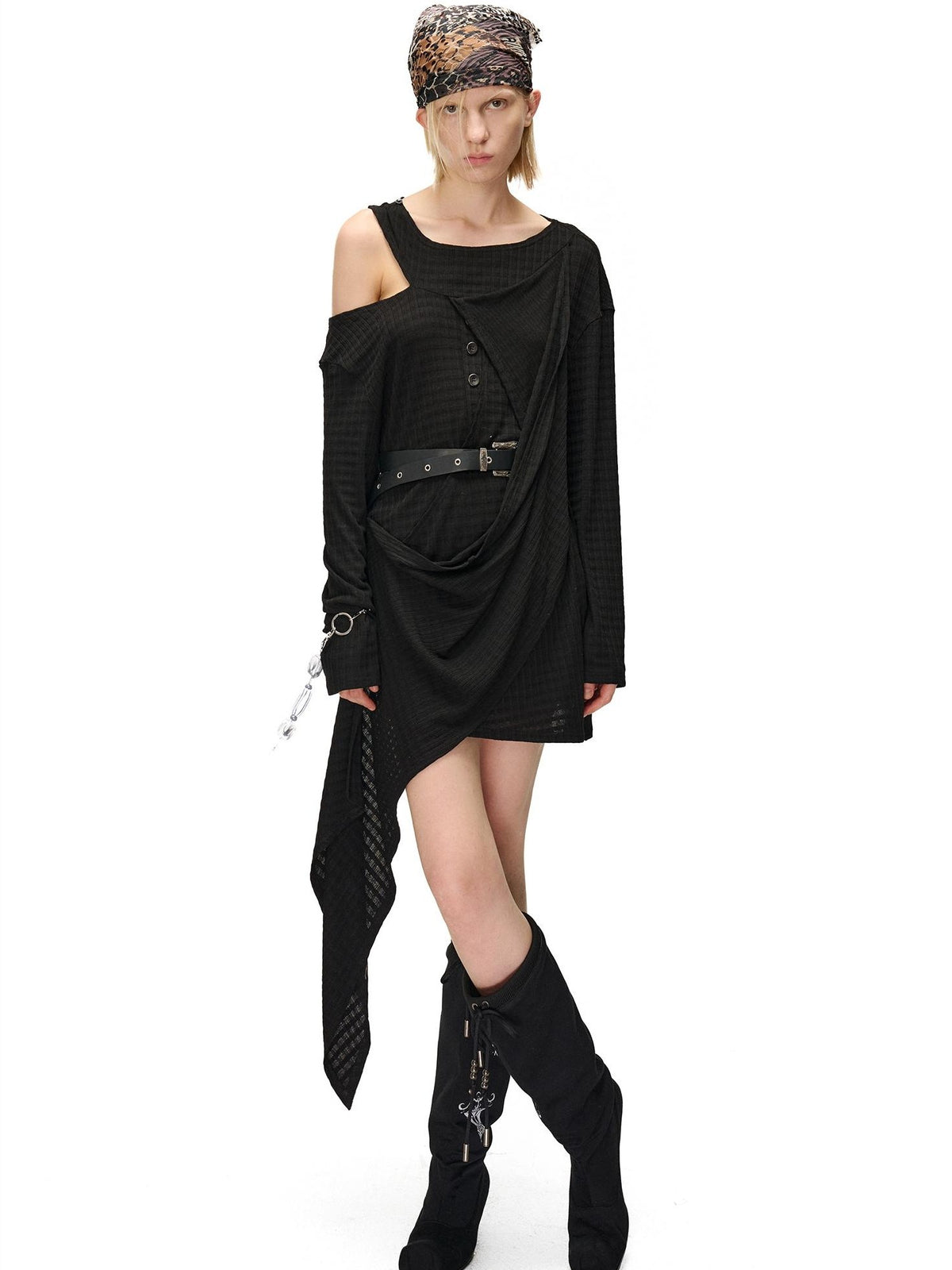 NORTH NODE Deconstructed Waffle Texture Asymmetric Long Sleeve Women&