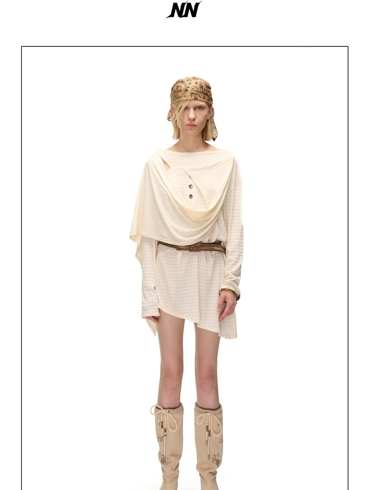 NORTH NODE Deconstructed Waffle Texture Asymmetric Long Sleeve Women&