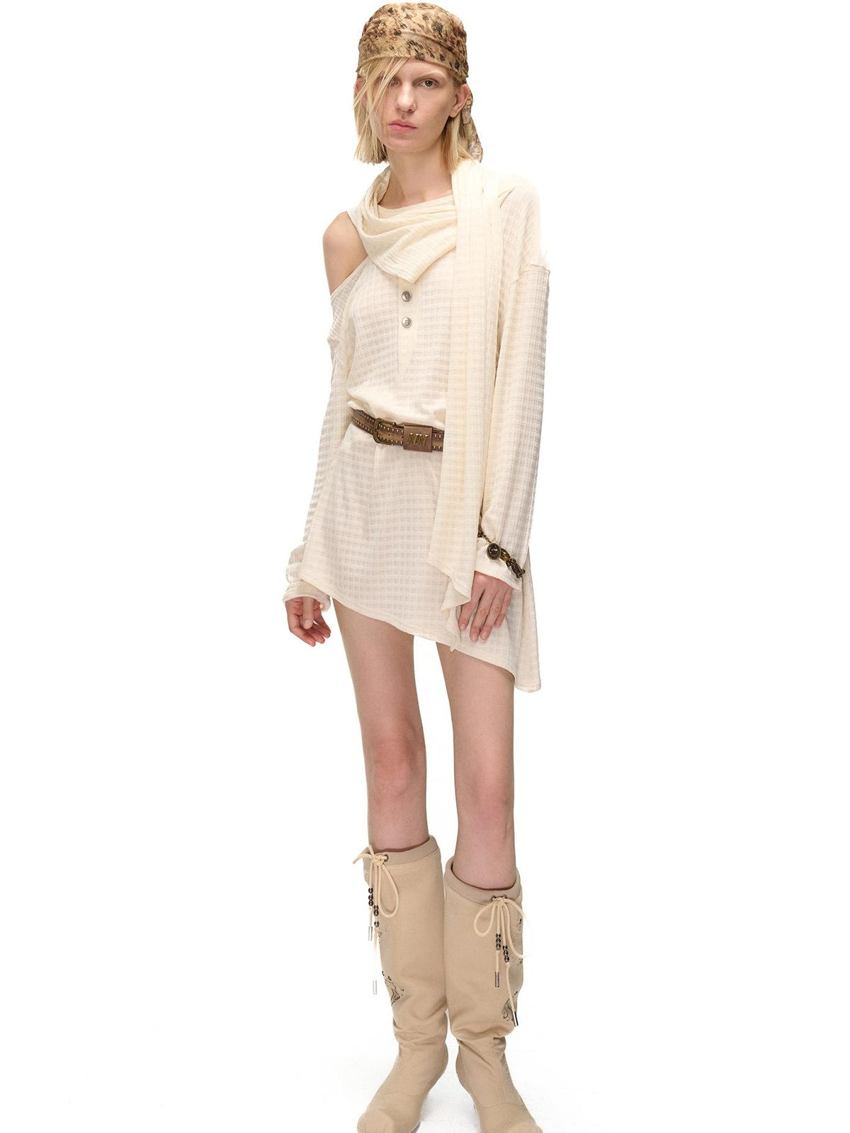 NORTH NODE Deconstructed Waffle Texture Asymmetric Long Sleeve Women&