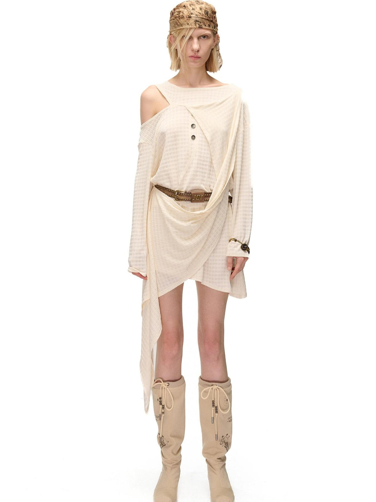NORTH NODE Deconstructed Waffle Texture Asymmetric Long Sleeve Women&