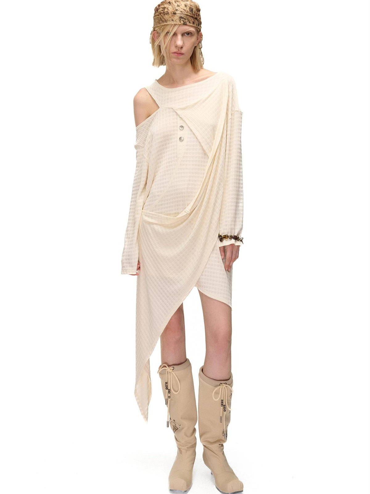 NORTH NODE Deconstructed Waffle Texture Asymmetric Long Sleeve Women&