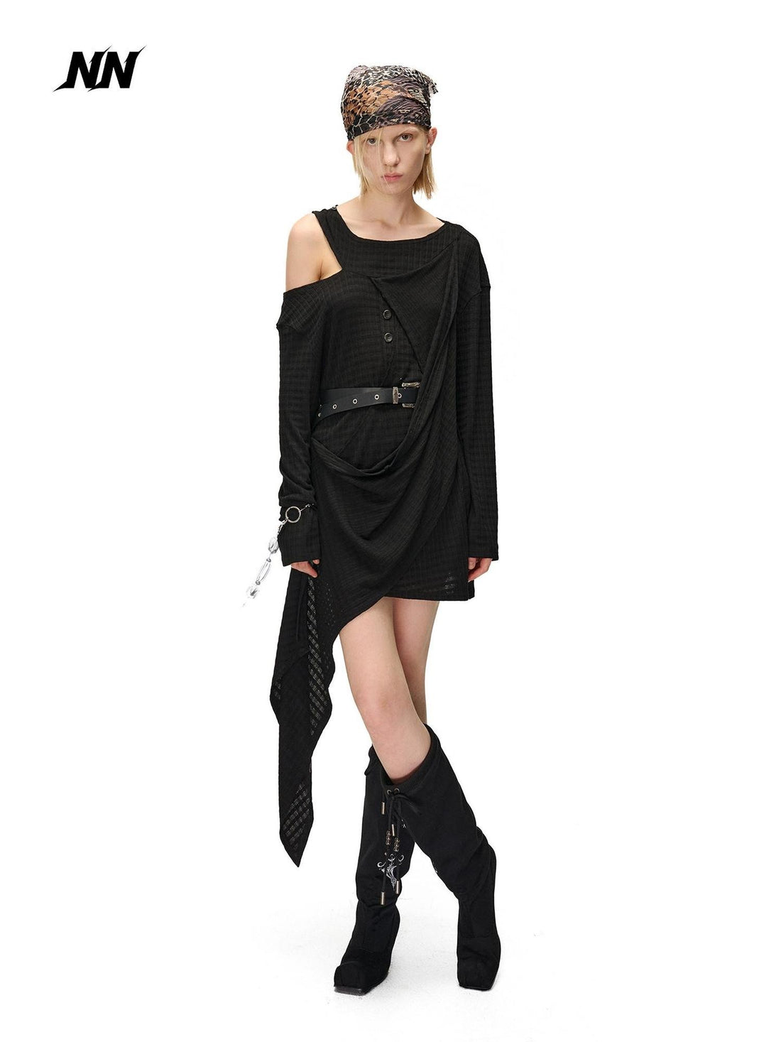 NORTH NODE Deconstructed Waffle Texture Asymmetric Long Sleeve Women&