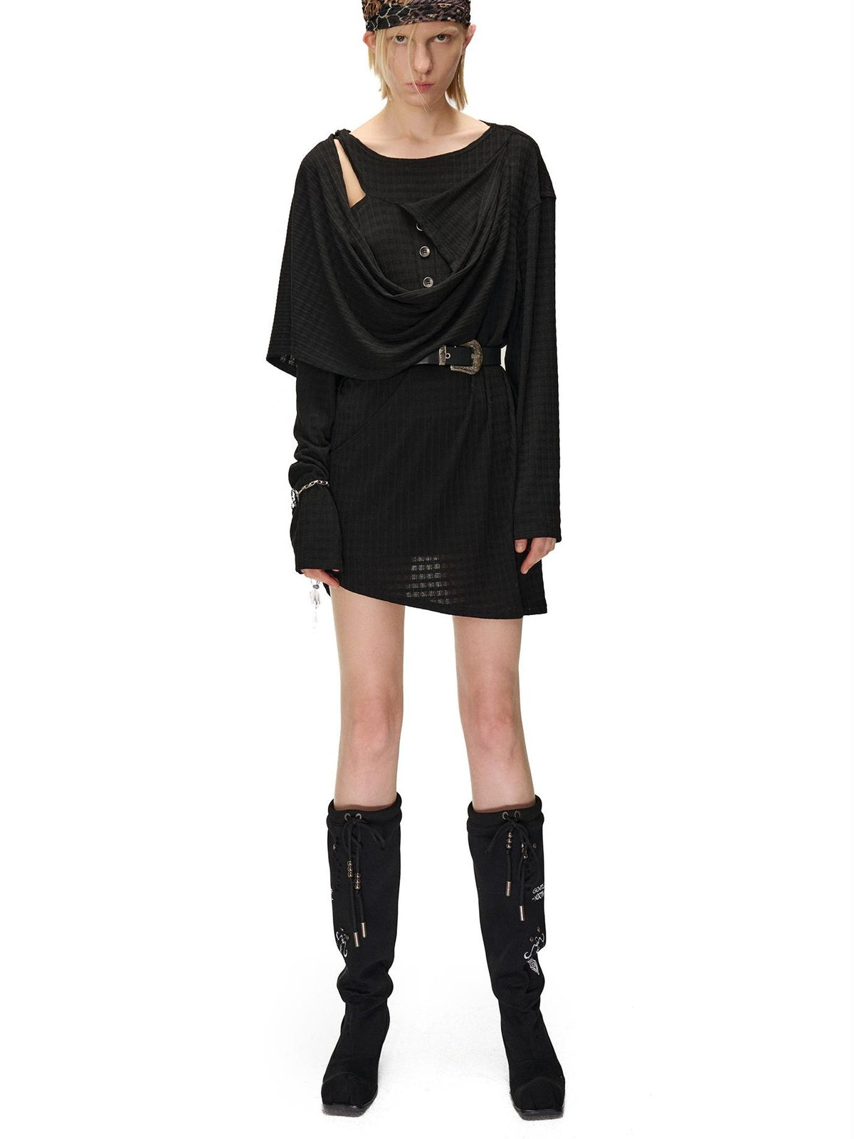 NORTH NODE Deconstructed Waffle Texture Asymmetric Long Sleeve Women&