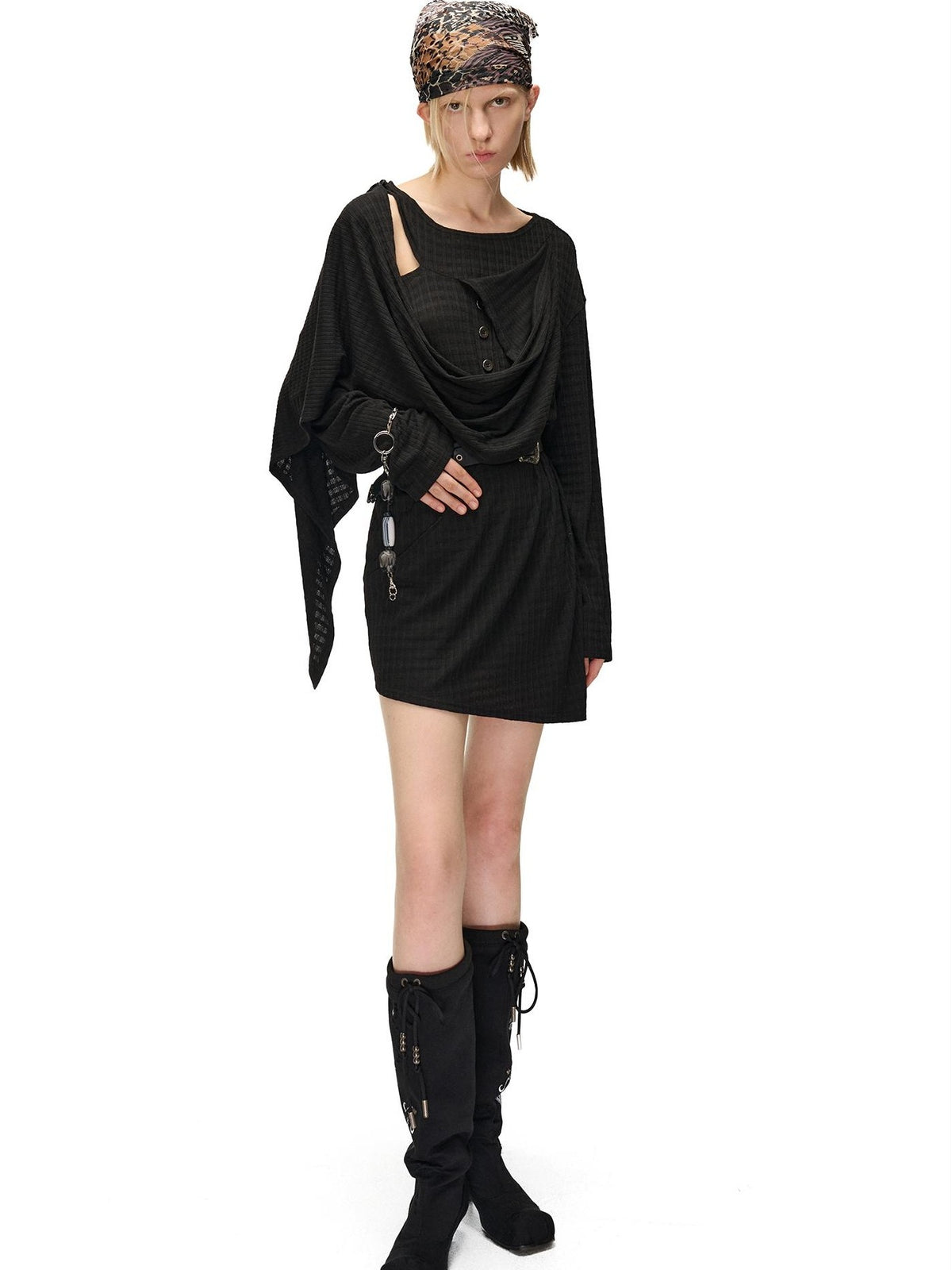 NORTH NODE Deconstructed Waffle Texture Asymmetric Long Sleeve Women&