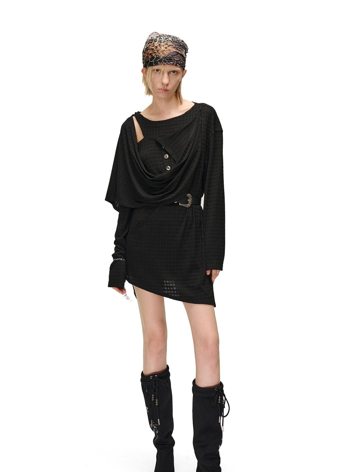 NORTH NODE Deconstructed Waffle Texture Asymmetric Long Sleeve Women&
