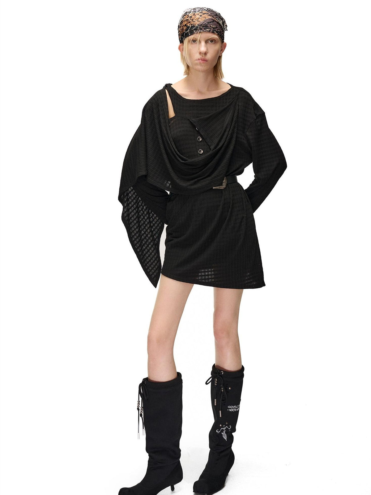 NORTH NODE Deconstructed Waffle Texture Asymmetric Long Sleeve Women&