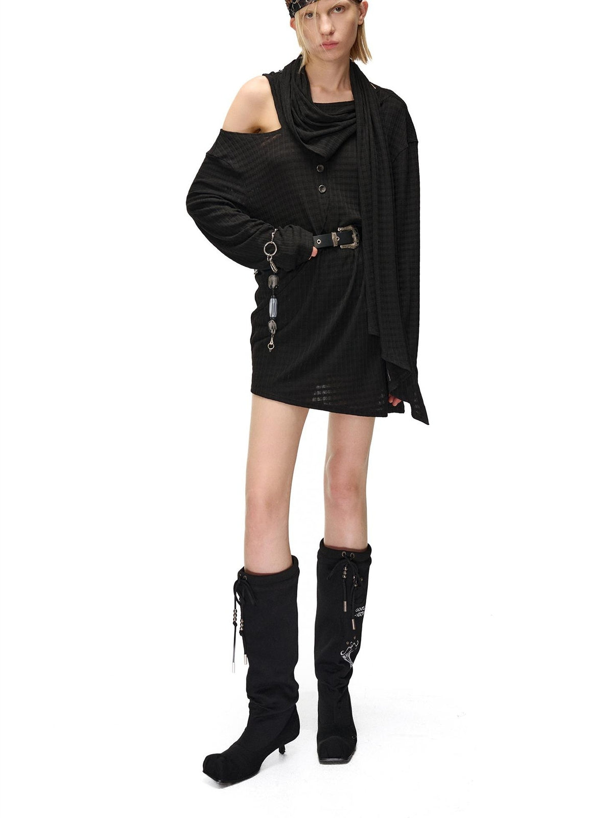 NORTH NODE Deconstructed Waffle Texture Asymmetric Long Sleeve Women&