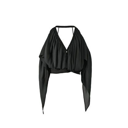 NORTH_NODE_Deep_V-neck_Studded_Splice_Cold_Shoulder_Ruffle_Trim_Women&