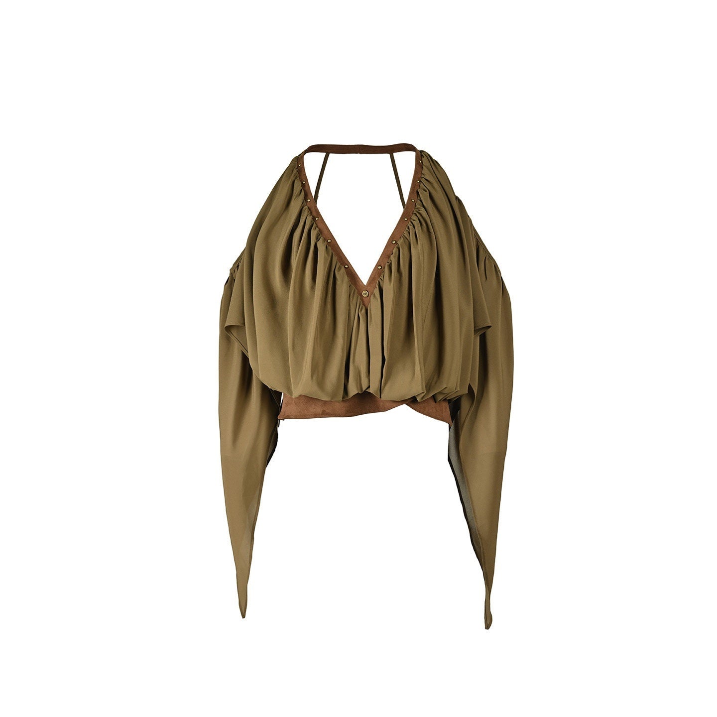 NORTH_NODE_Deep_V-neck_Studded_Splice_Cold_Shoulder_Ruffle_Trim_Women&