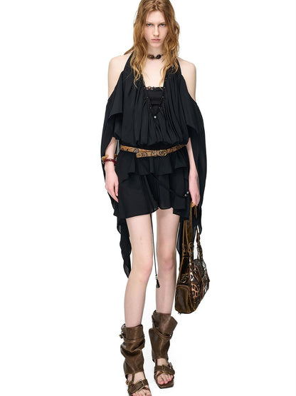NORTH NODE Deep V-neck Studded Splice Cold Shoulder Ruffle Trim Women&