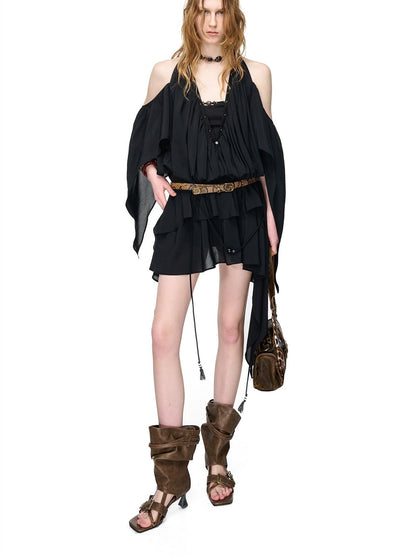 NORTH NODE Deep V-neck Studded Splice Cold Shoulder Ruffle Trim Women&
