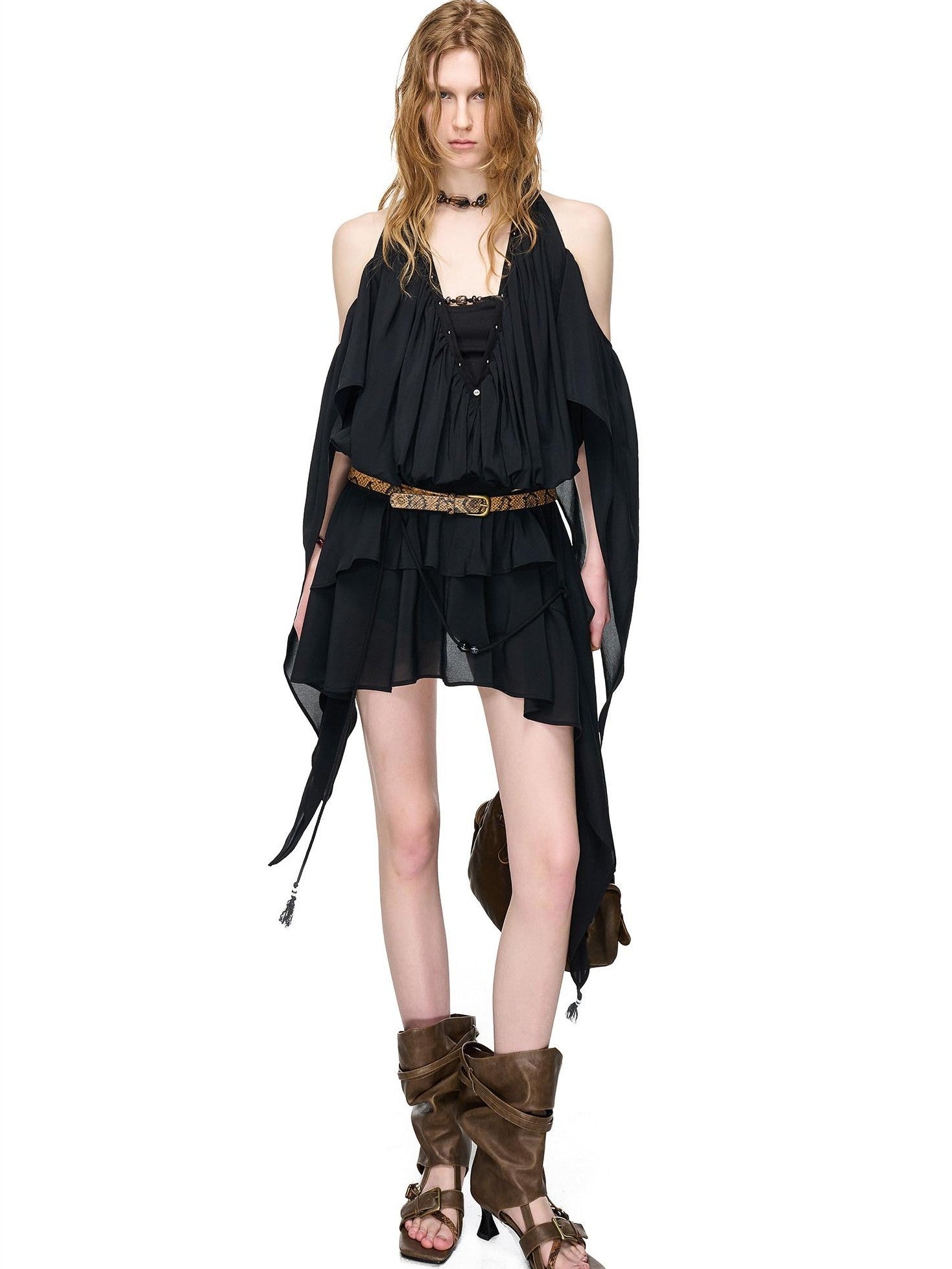 NORTH NODE Deep V-neck Studded Splice Cold Shoulder Ruffle Trim Women&