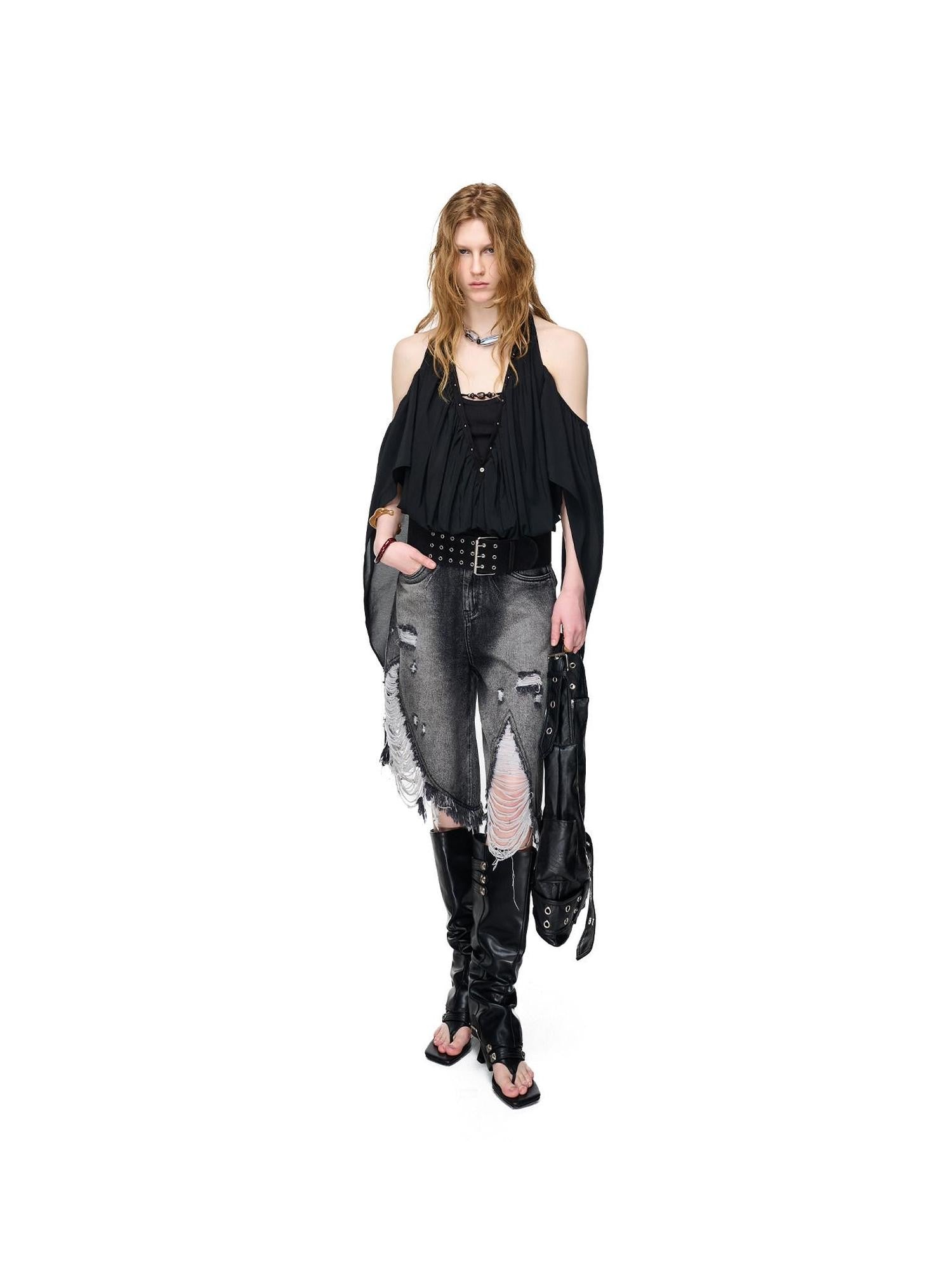 NORTH NODE Deep V-neck Studded Splice Cold Shoulder Ruffle Trim Women&