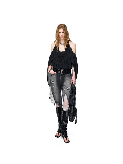 NORTH NODE Deep V-neck Studded Splice Cold Shoulder Ruffle Trim Women&