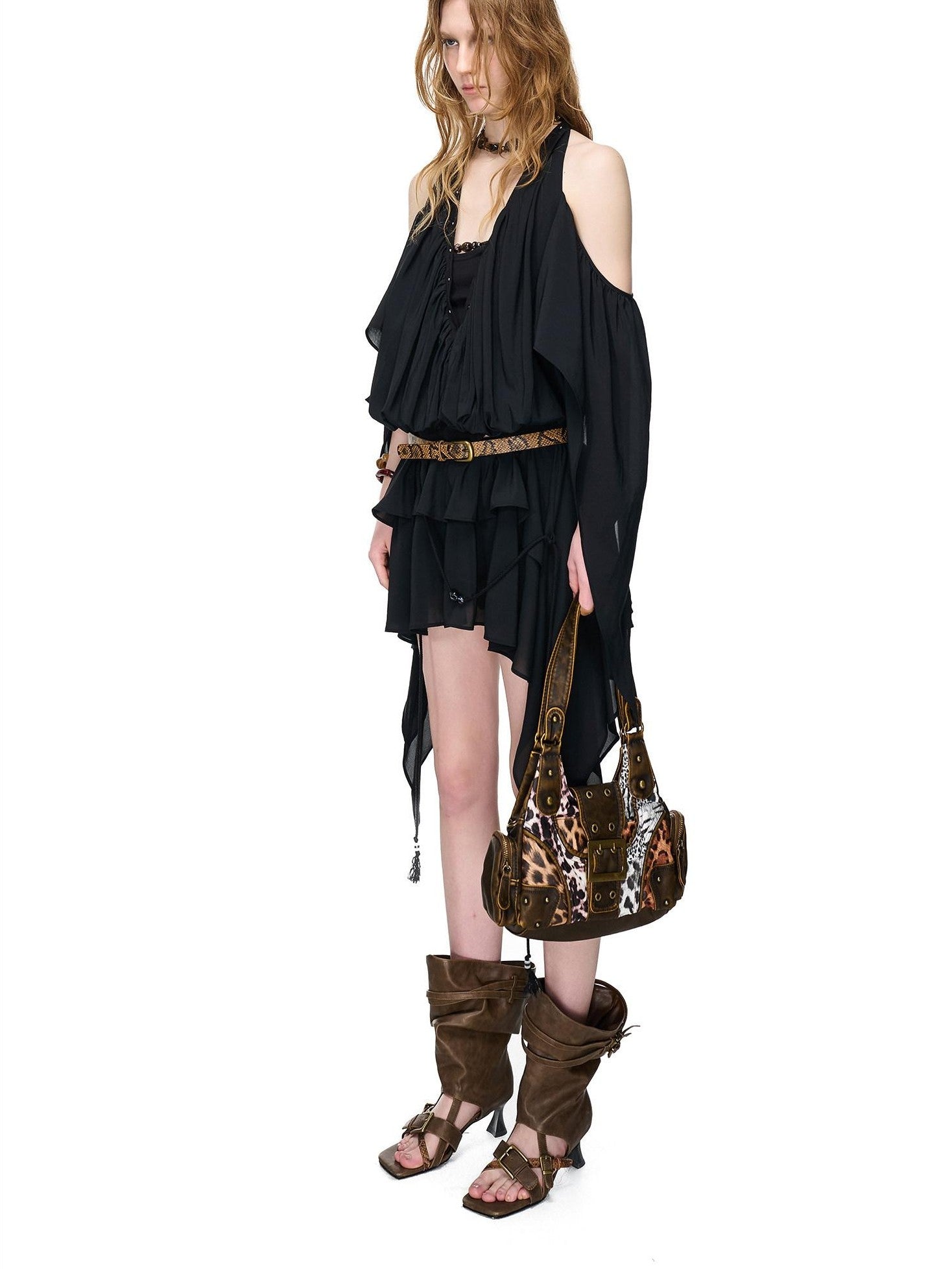 NORTH NODE Deep V-neck Studded Splice Cold Shoulder Ruffle Trim Women&