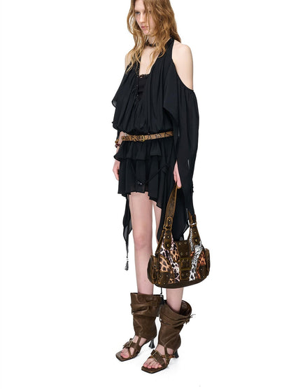 NORTH NODE Deep V-neck Studded Splice Cold Shoulder Ruffle Trim Women&