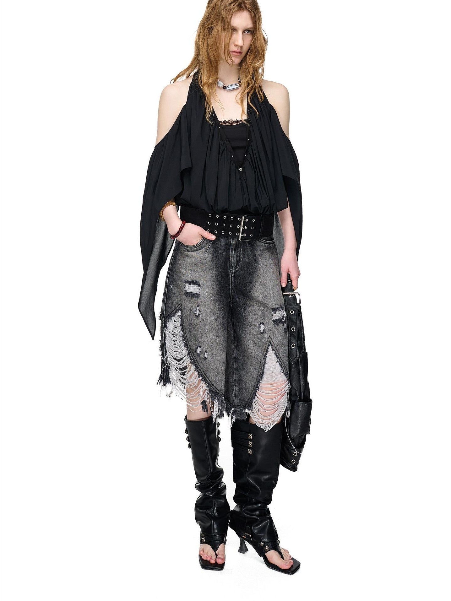 NORTH NODE Deep V-neck Studded Splice Cold Shoulder Ruffle Trim Women&