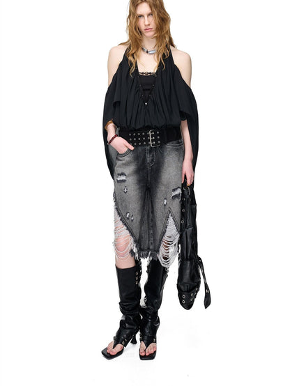 NORTH NODE Deep V-neck Studded Splice Cold Shoulder Ruffle Trim Women&