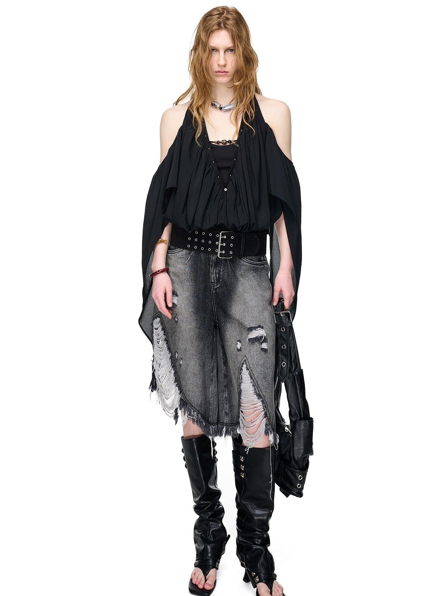 NORTH NODE Deep V-neck Studded Splice Cold Shoulder Ruffle Trim Women&