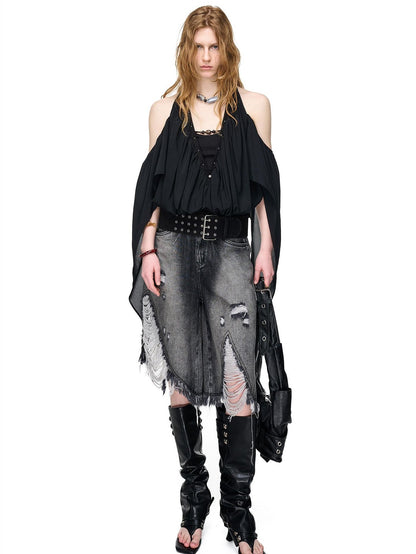NORTH NODE Deep V-neck Studded Splice Cold Shoulder Ruffle Trim Women&