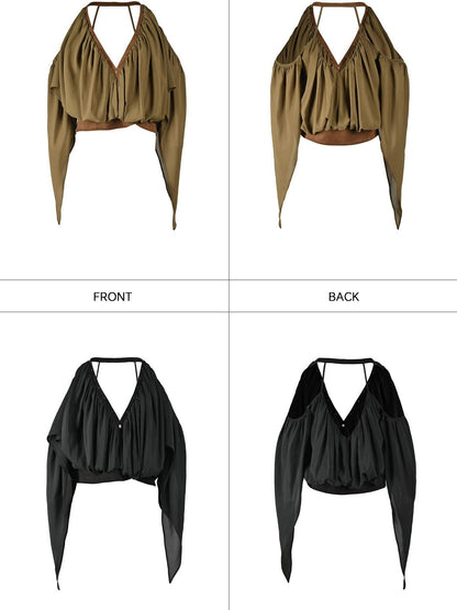 NORTH NODE Deep V-neck Studded Splice Cold Shoulder Ruffle Trim Women&