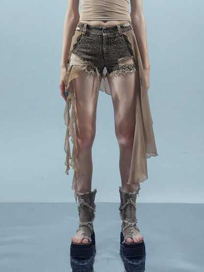 NORTH NODE Denim Inspired Asymmetric Leopard Print Patchwork Women&