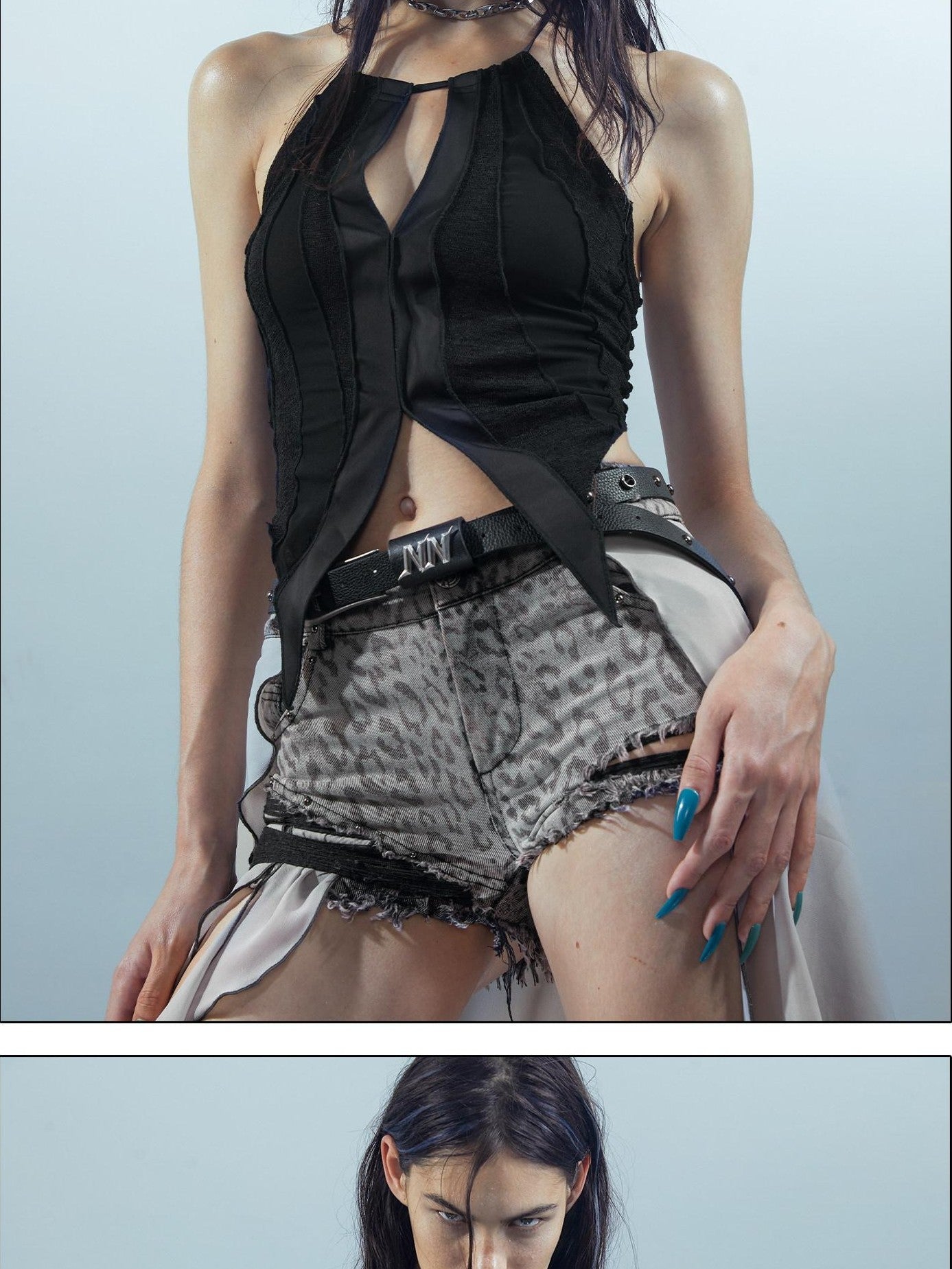 NORTH NODE Denim Inspired Asymmetric Leopard Print Patchwork Women&