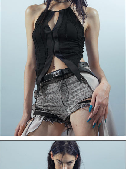 NORTH NODE Denim Inspired Asymmetric Leopard Print Patchwork Women&
