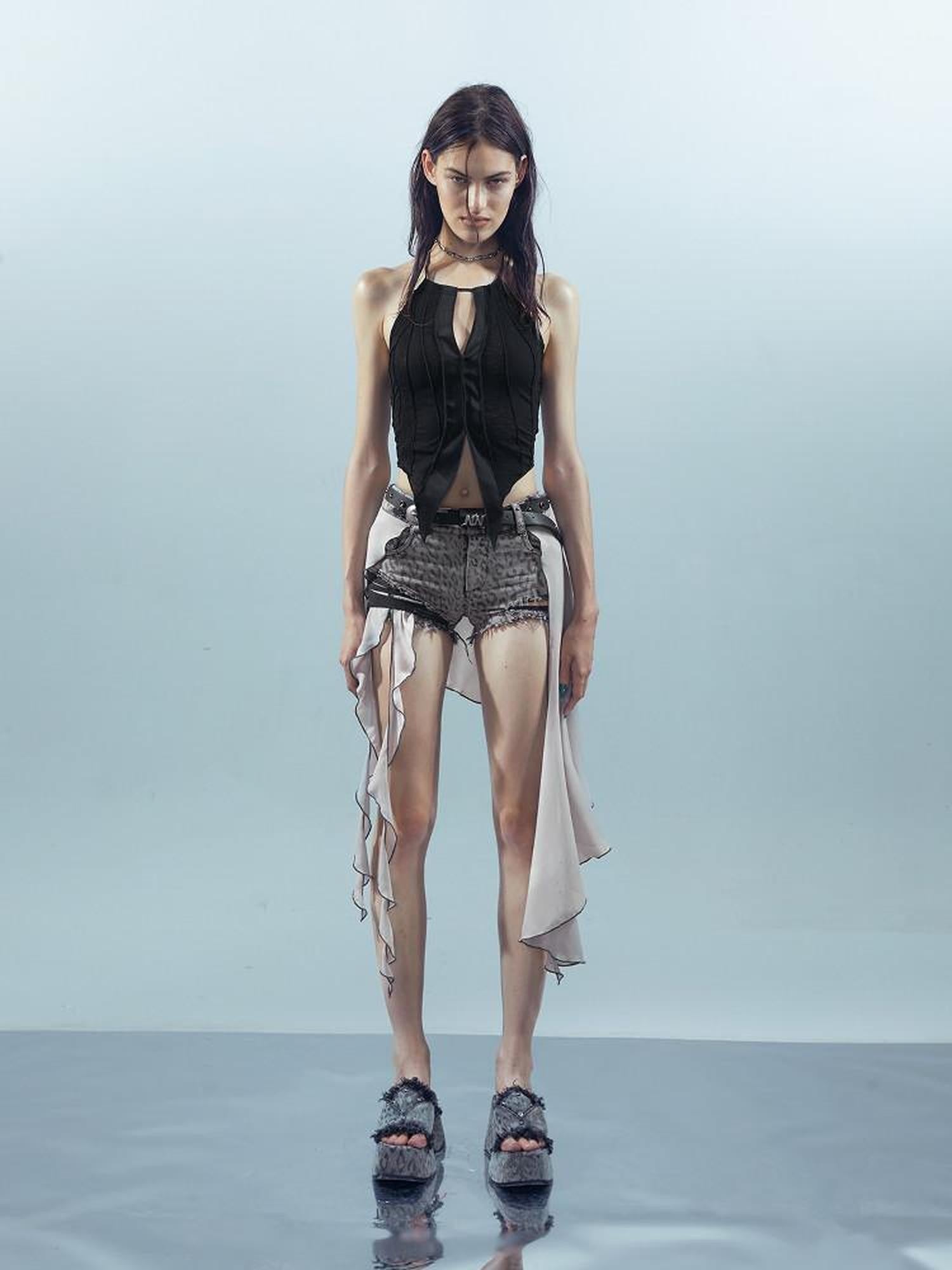 NORTH NODE Denim Inspired Asymmetric Leopard Print Patchwork Women&