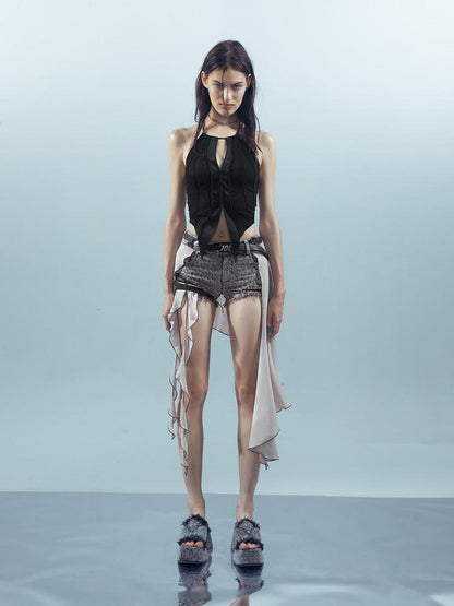 NORTH NODE Denim Inspired Asymmetric Leopard Print Patchwork Women&