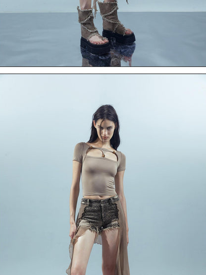 NORTH NODE Denim Inspired Asymmetric Leopard Print Patchwork Women&
