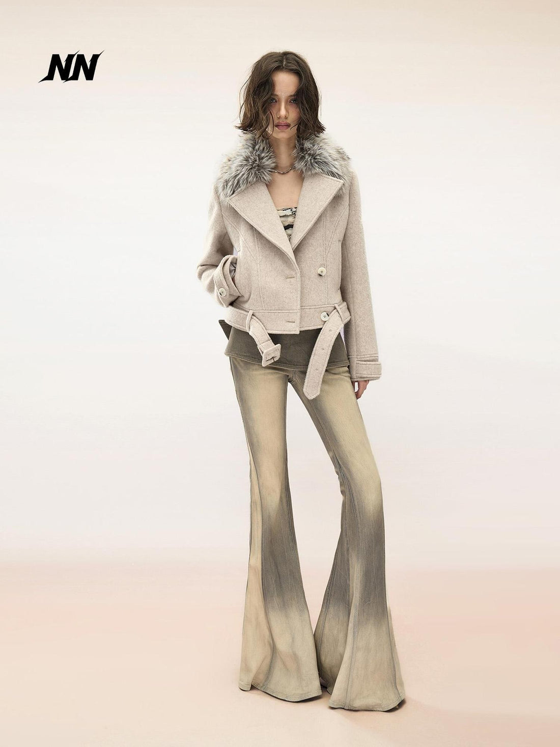 NORTH NODE Detachable Fur Trim Double Faced Wool Women&