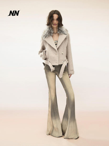 NORTH NODE Detachable Fur Trim Double Faced Wool Women&