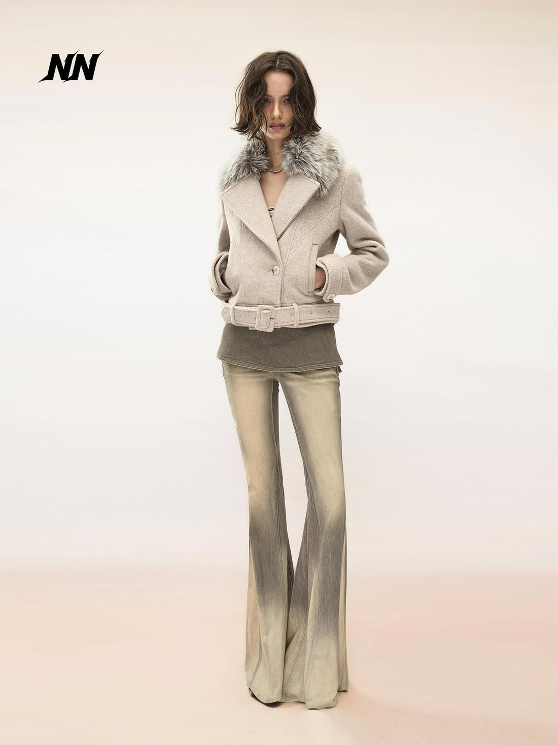 NORTH NODE Detachable Fur Trim Double Faced Wool Women&