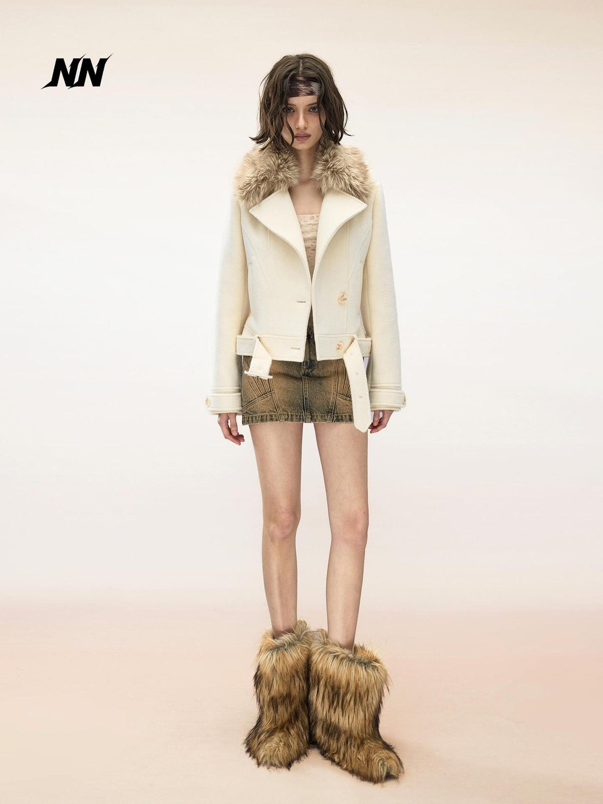 NORTH NODE Detachable Fur Trim Double Faced Wool Women&