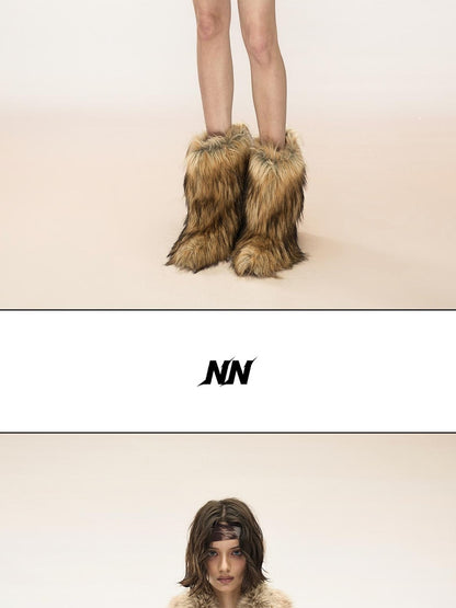 NORTH NODE Detachable Fur Trim Double Faced Wool Women&