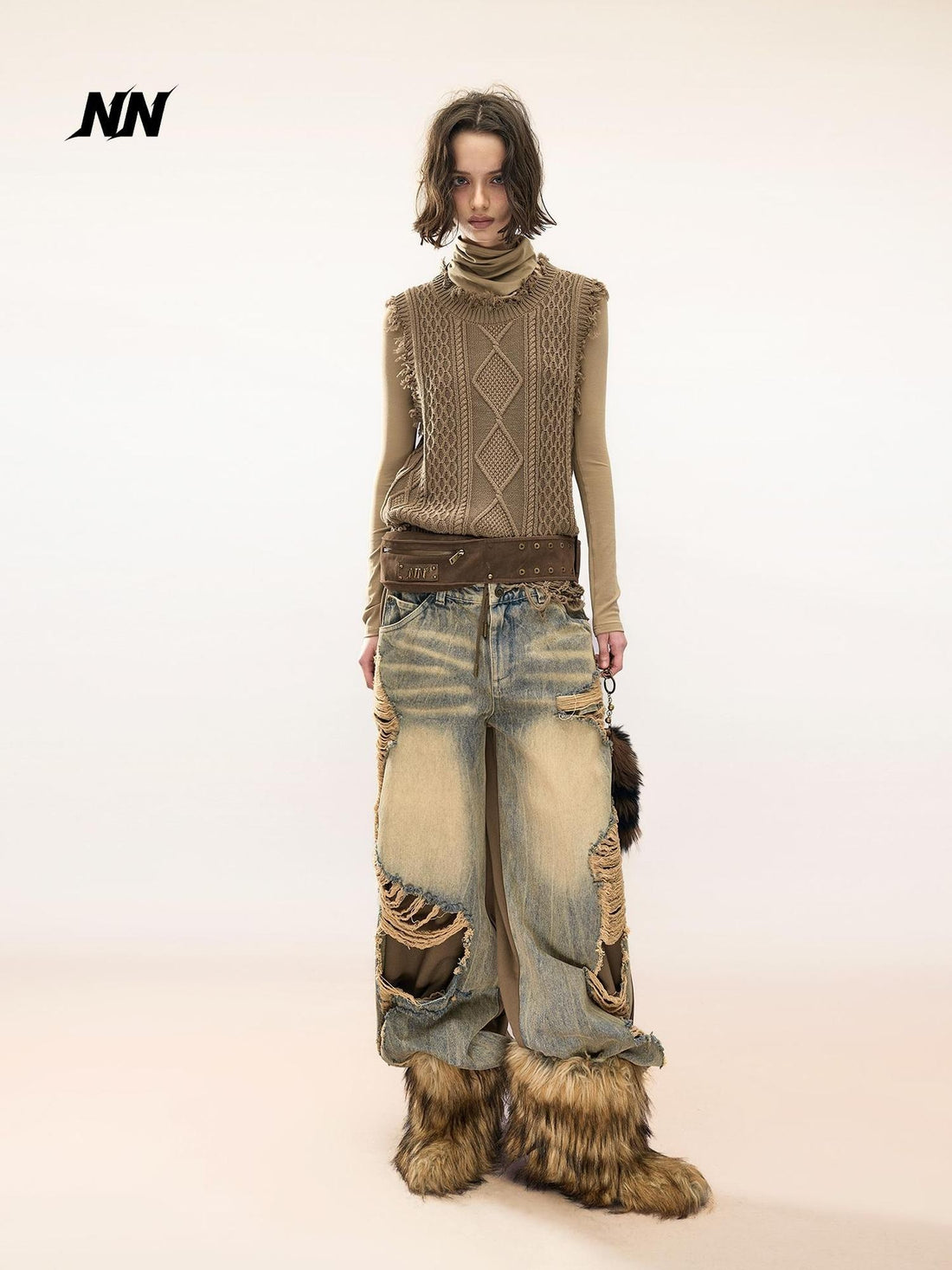 NORTH NODE Distressed Frayed Raw Edge Diamond Pattern 100% Cotton Women&