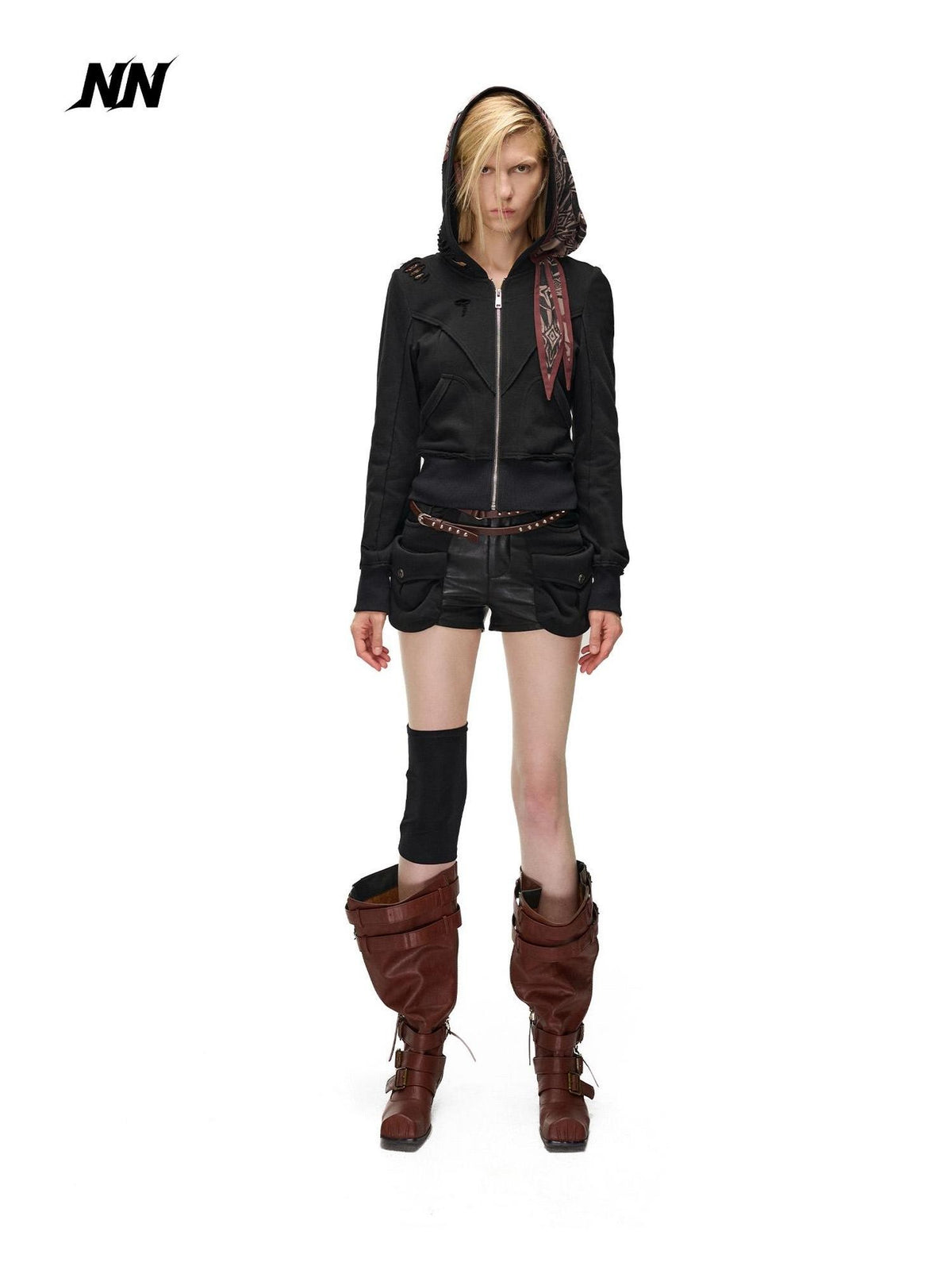 NORTH NODE Distressed Scarf Layered Hooded Slim Fit Cotton Women&
