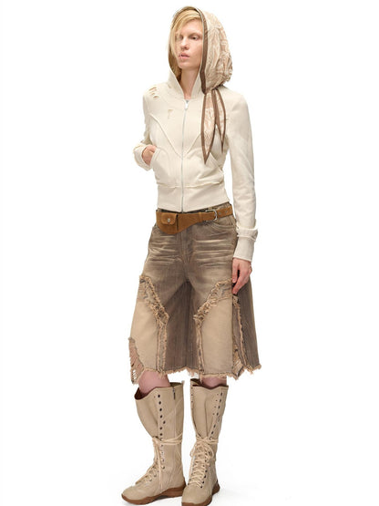 NORTH NODE Distressed Scarf Layered Hooded Slim Fit Cotton Women&