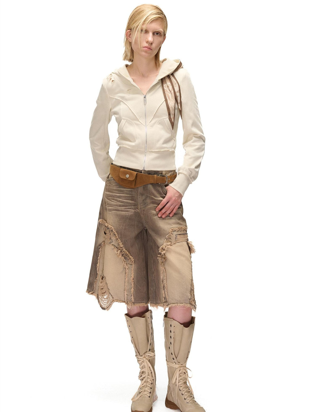 NORTH NODE Distressed Scarf Layered Hooded Slim Fit Cotton Women&