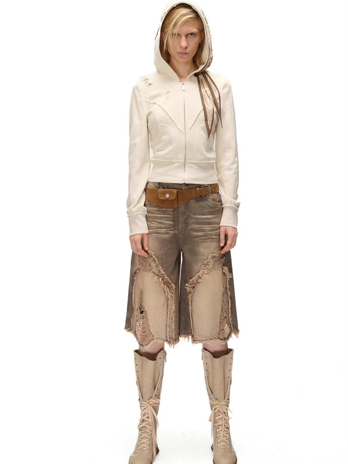 NORTH NODE Distressed Scarf Layered Hooded Slim Fit Cotton Women&