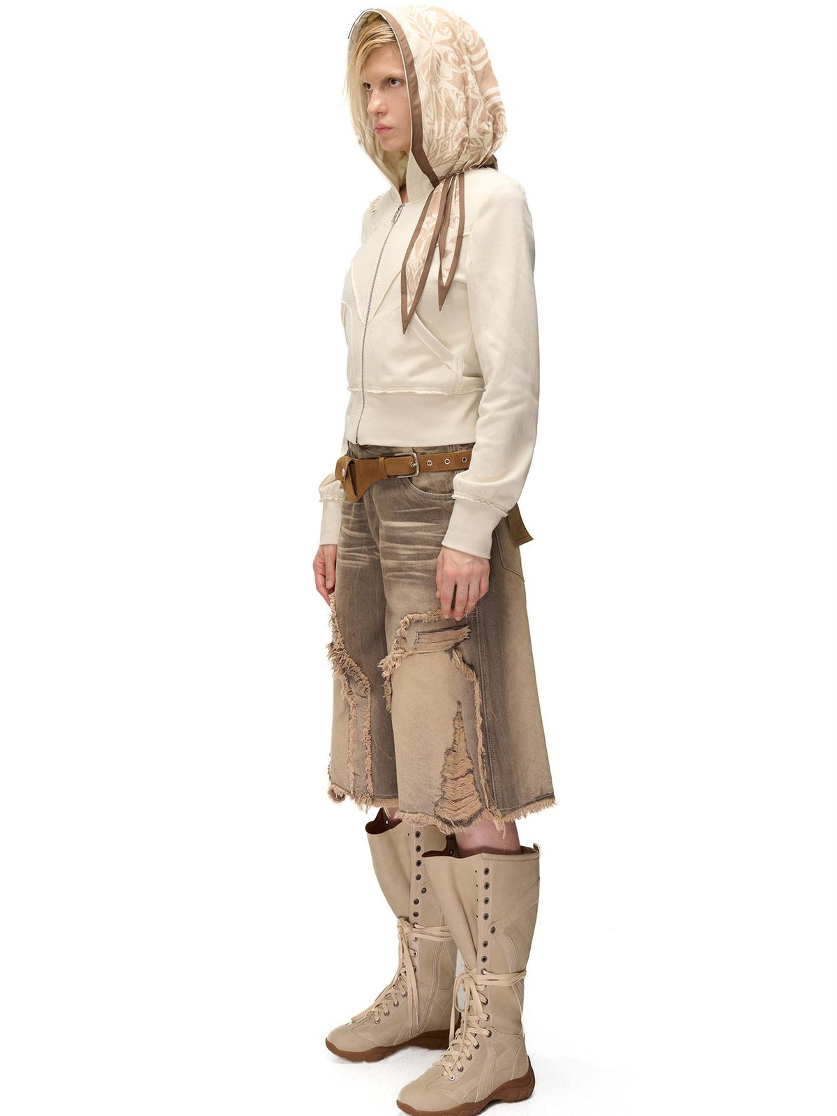 NORTH NODE Distressed Scarf Layered Hooded Slim Fit Cotton Women&