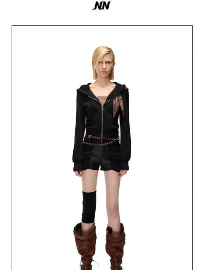NORTH NODE Distressed Scarf Layered Hooded Slim Fit Cotton Women&