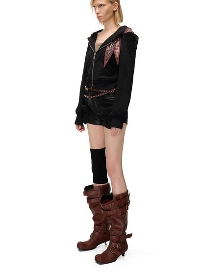 NORTH NODE Distressed Scarf Layered Hooded Slim Fit Cotton Women&
