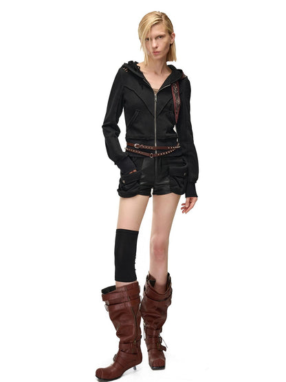 NORTH NODE Distressed Scarf Layered Hooded Slim Fit Cotton Women&