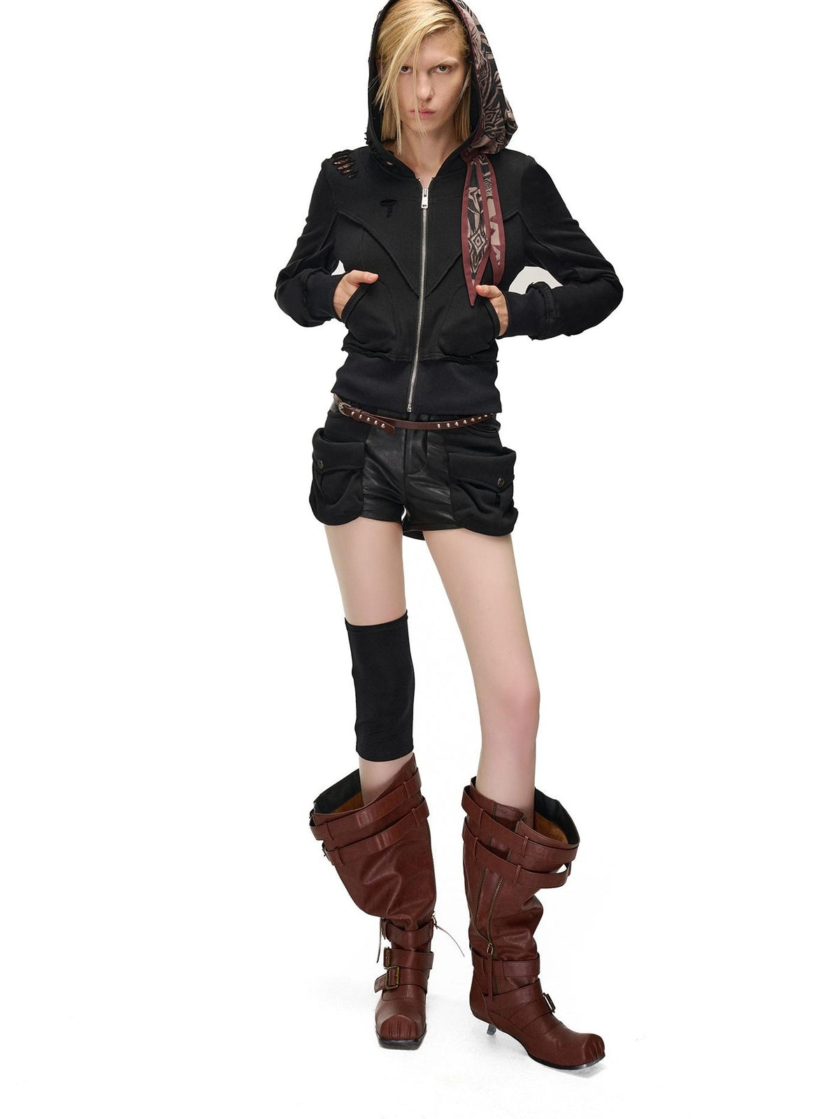 NORTH NODE Distressed Scarf Layered Hooded Slim Fit Cotton Women&