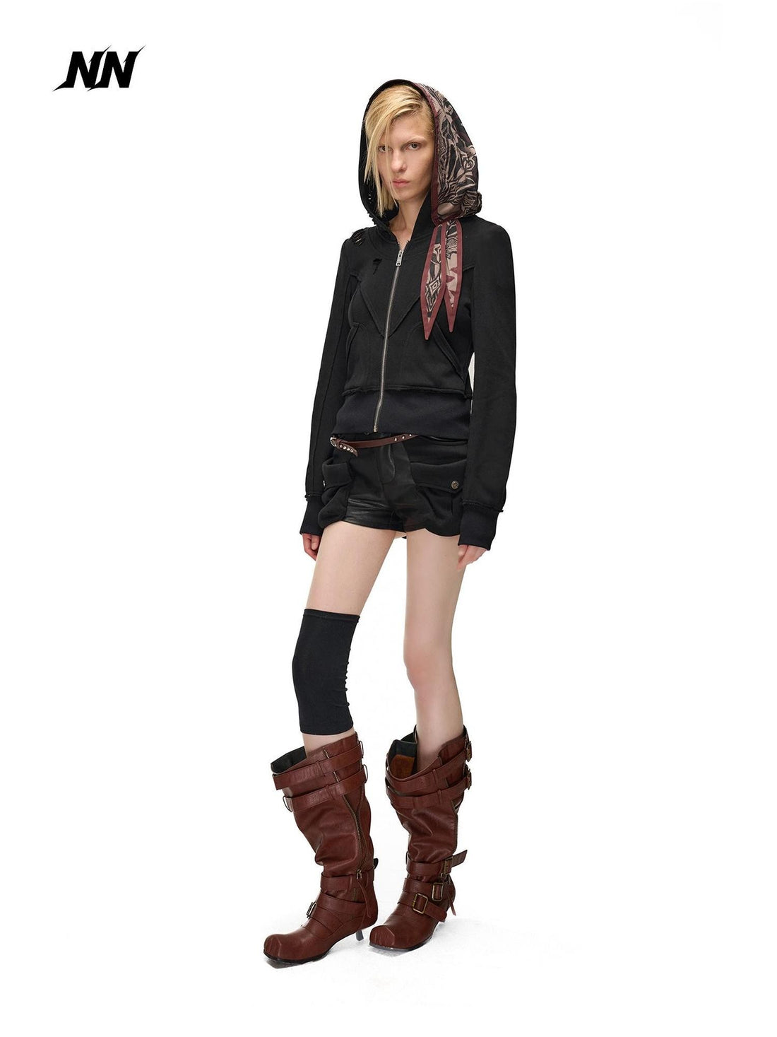 NORTH NODE Distressed Scarf Layered Hooded Slim Fit Cotton Women&