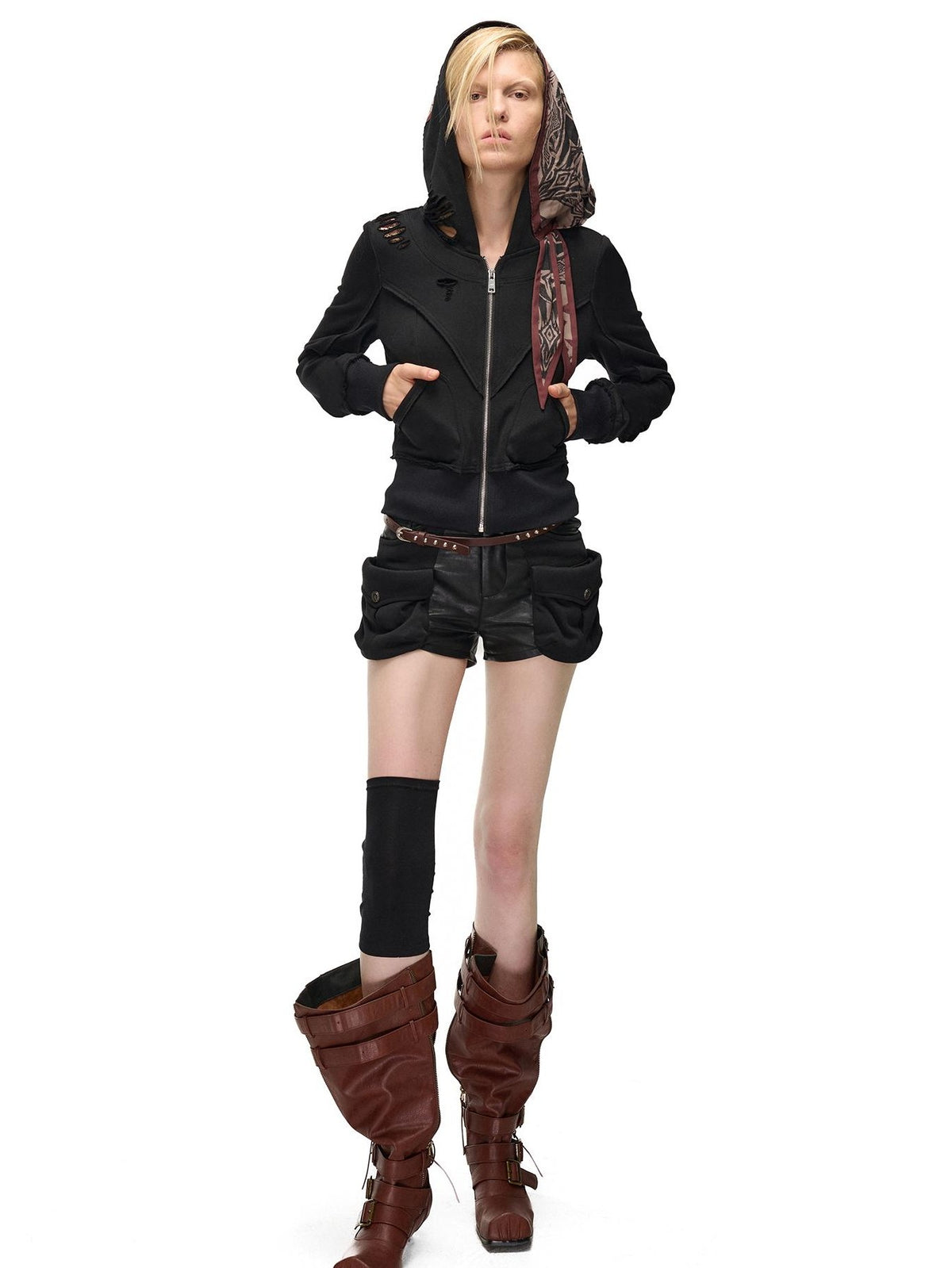 NORTH NODE Distressed Scarf Layered Hooded Slim Fit Cotton Women&