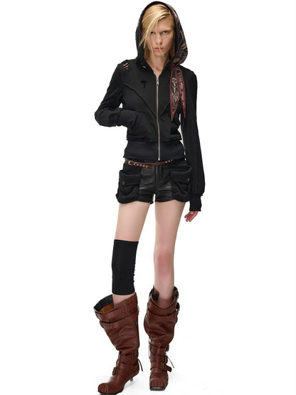 NORTH NODE Distressed Scarf Layered Hooded Slim Fit Cotton Women&